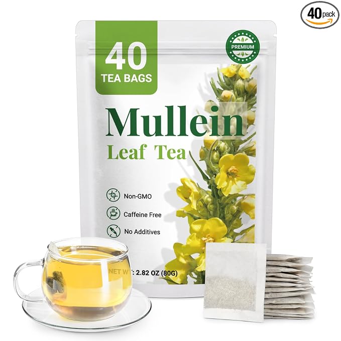 Premium 40 Mullein Tea Bags For Lungs - 100% Pure Mullein Leaf | For Lung Health & Respiratory Wellness Support | Caffeine Free - No Additives & Non-GMO | Plastic-Free, Plant-Based Tea Bags