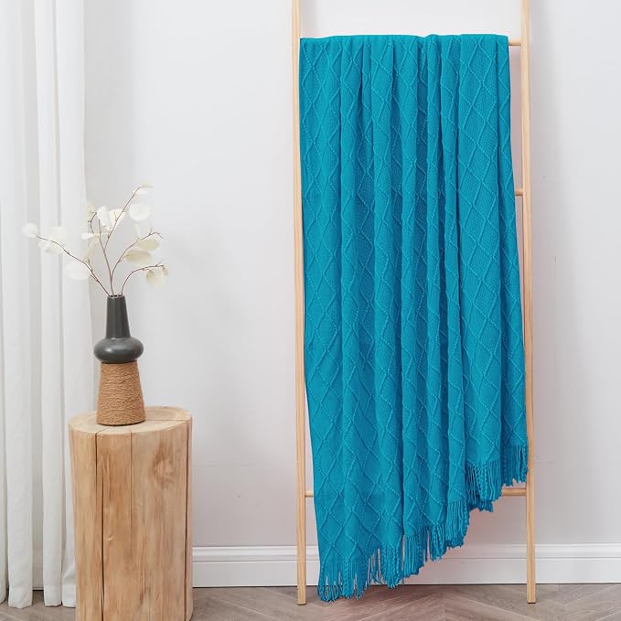 inhand Teal Knitted Throw Blanket for Couch and Bed, 50"x60" | Soft Living Room Home Decor Knitted Blanket, Tassel, Outdoor Lightweight Breathable Summer, Farmhouse Warm Woven Decorative