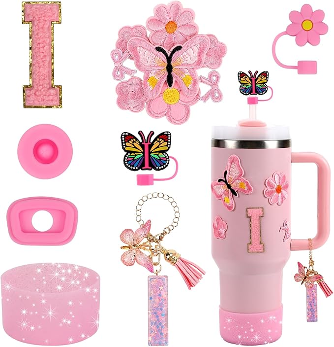 15PCS Cup Accessories Set for Stanley Cup 30oz 40oz Tumbler with Handle, Including Silicone Straw Cover and Boot, Spill Proof Stopper, Stanley Charms, Handle Charm, Initials Sticker
