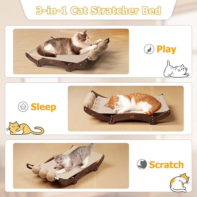 3 in 1 Sisal Cat Scratcher Bed, Solid Pine Cat Scratcher with Balls, Walnut | Extra Large Cat Scratching Post with Hammock, Cat Scratcher for Scratch & Play & Rest, Cat Furniture for Indoor Cats, Kitten