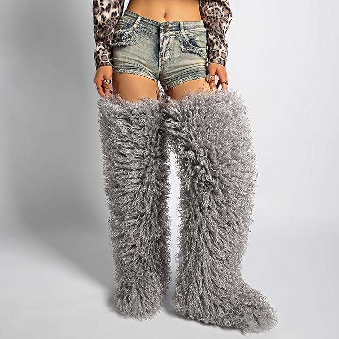 SWEETHEART BEAUTY Thigh High Shagy Teddy Fur Boots, 29 Inch Over the Knee Length Fluffy High Boots, Tall Furry Shoes For Women