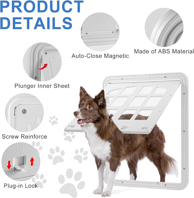Large Dog Screen Door, 13 x 17 inches Flap Opening Dog Door for Screen Door with 4 Entry Ways, Magnetic Self-Closing Pet Screen Door for Dogs Cats, White