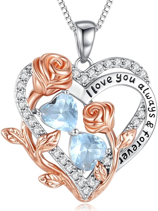 I Love You Birthstone Necklace, 925 Sterling Silver Heart Pendant with CZ Diamond Stones, Birthday Gifts for Women, Romantic Gift for Wife, Girlfriend, Her, Anniversary, Valentine's Day, Christmas
