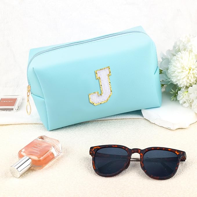 URSKYTOUS Gifts for Girls Initial Makeup Bag Personalized Cosmetic Bag with Zipper Cute Travel Toiletry Bag Waterproof PU Preppy Makeup Pouch Birthday Gift for Teen Girls Women(Blue J)