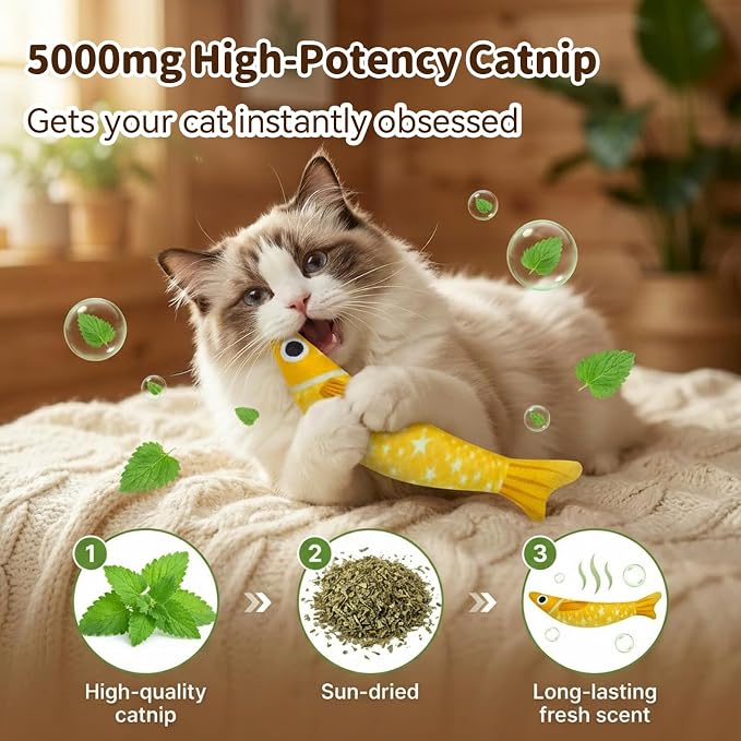Cat Toys for Indoor Cats, Fish-Shaped Pillow, 2 Pack Yellow + Purple