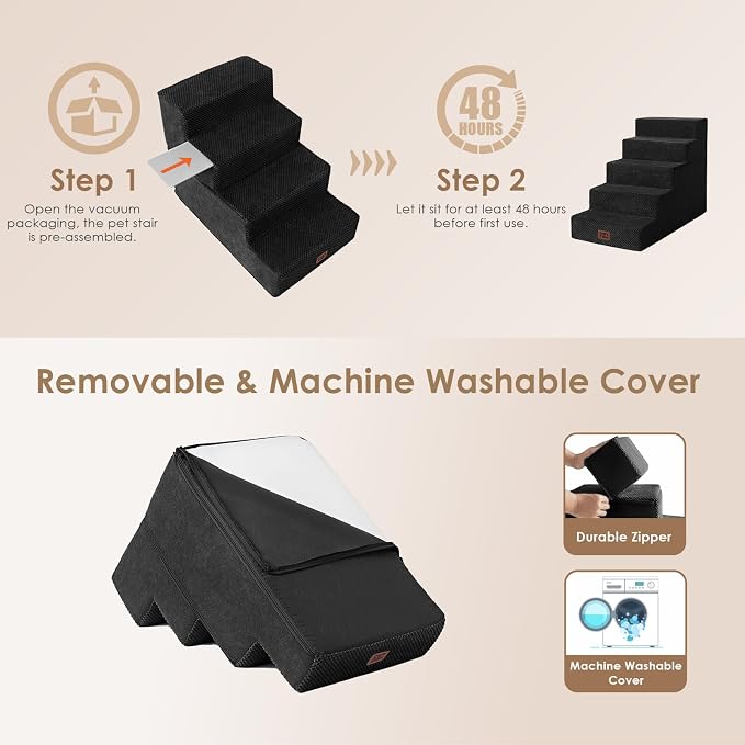 EHEYCIGA Dog Stairs for High Bed 22.5" H, 5-Step Dog Steps, Black | Pet Steps for Small Dogs and Cats for Bed, Non-Slip Balanced Pet Ramp Indoor