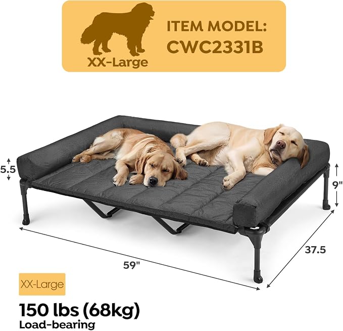 Veehoo Outdoor Elevated Dog Bed with Waterproof Bolster Cushion, Cooling | Raised Dog Bed with Removable & Washable Mat Topper, Breathable Mesh, Dog Couch Cot for Indoor Outdoor, 59", Large, Black