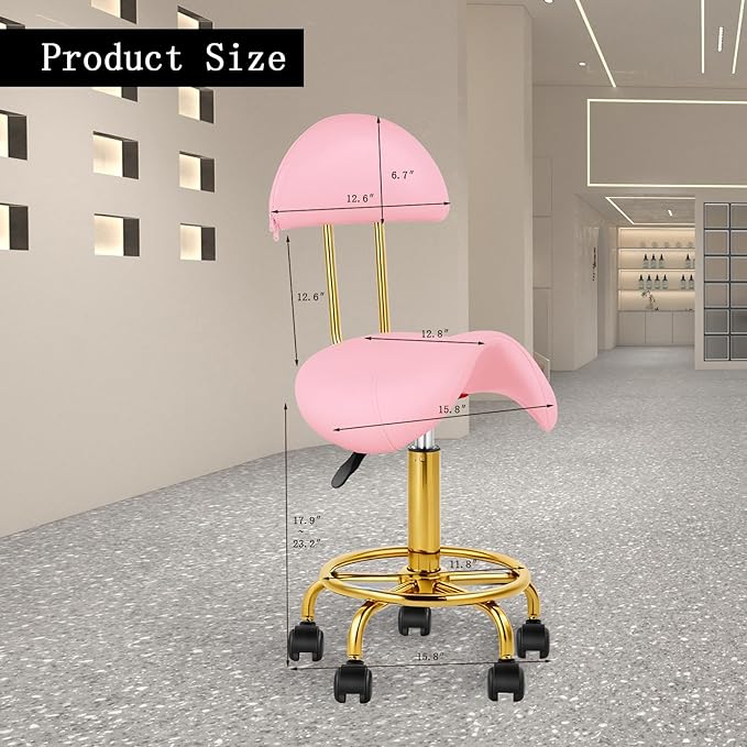 Saddle Chair Rolling Ergonomic Swivel Chair with Soft Comfortable Cushion and Wheels Hydraulic Adjustable Stool for Home Office Dental Tattoo Salon Shop Use with Backrest (Pink Gold)