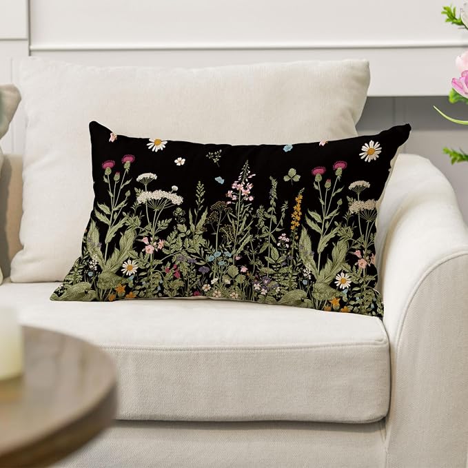 AVOIN colorlife Wildflowers Spring Black Throw Pillow Cover 12x20 Inch | Daisy Cushion Case Decoration for Home Sofa Couch