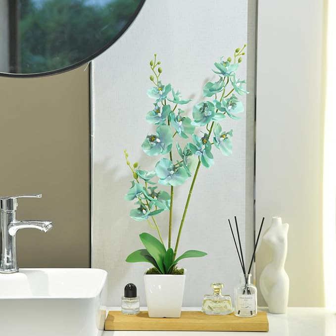 22" Golden Blue Faux Orchid in Ceramic Vase for Table Décor | Real Look Potted Phalaenopsis, Ideal Centerpiece for Home, Office, or Indoor Display, Lifelike Silk Flowers, No Maintenance