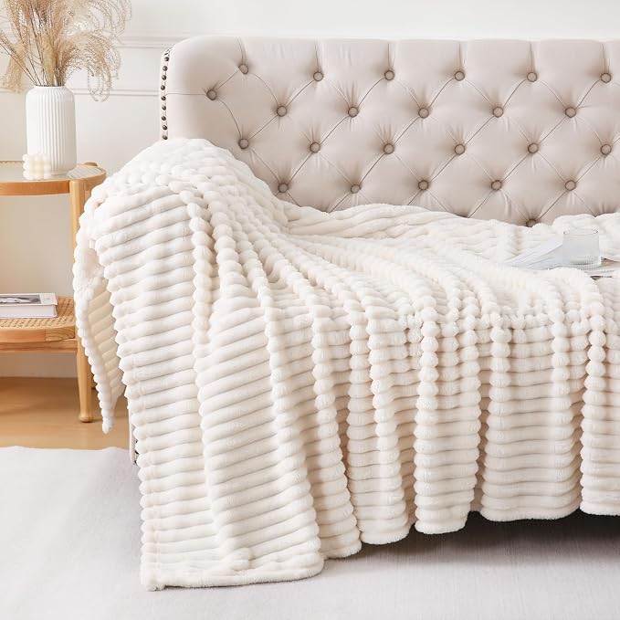 Cream White Throw Blanket for Couch Sofa 50x60 inches Striped Design | Fleece Blankets Room Home Decor Lightweight Plush Soft Cozy Gifts for Women Mom