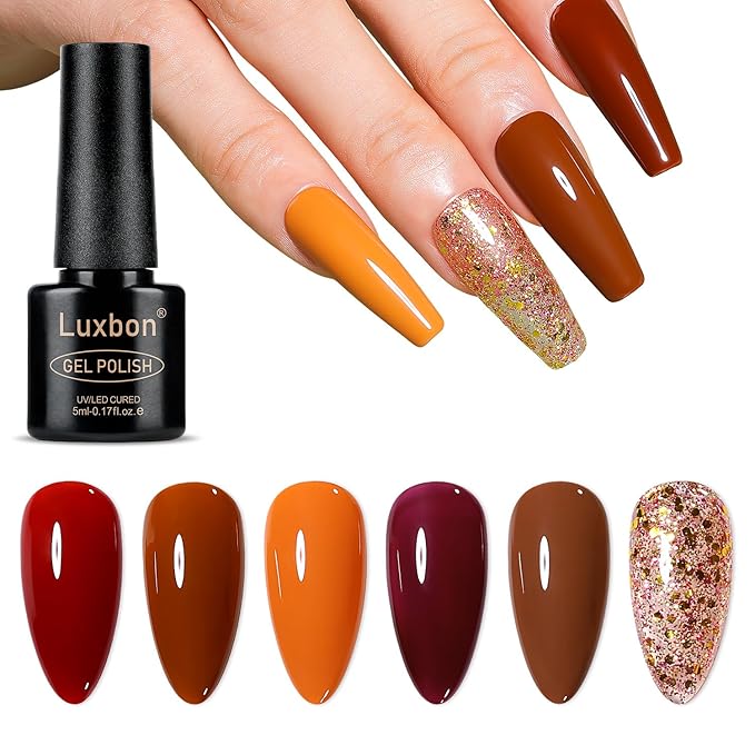 Luxbon 6 pcs Gel Nail Polish Set - Fall Color Set Long Lasting Autumn Gel Polish, uv led Soak Off Nail Art Designs Manicure Kit 022