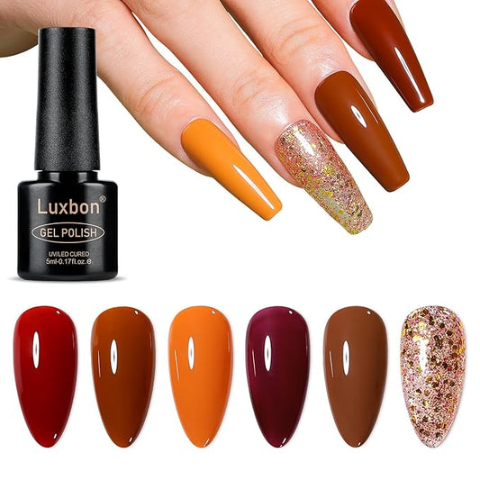 Luxbon 6 pcs Gel Nail Polish Set - Fall Color Set Long Lasting Autumn Gel Polish, uv led Soak Off Nail Art Designs Manicure Kit 022
