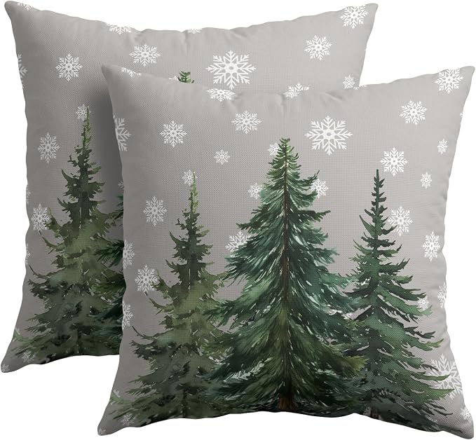 Kawani Winter Tree Throw Pillow Covers 16x16 Inches, Set of 2 Xmas Seasonal Snowflakes Forest Grey Cotton Linen Square Pillowcase for Chair Couch Sofa Bedroom Living Room Home Decor