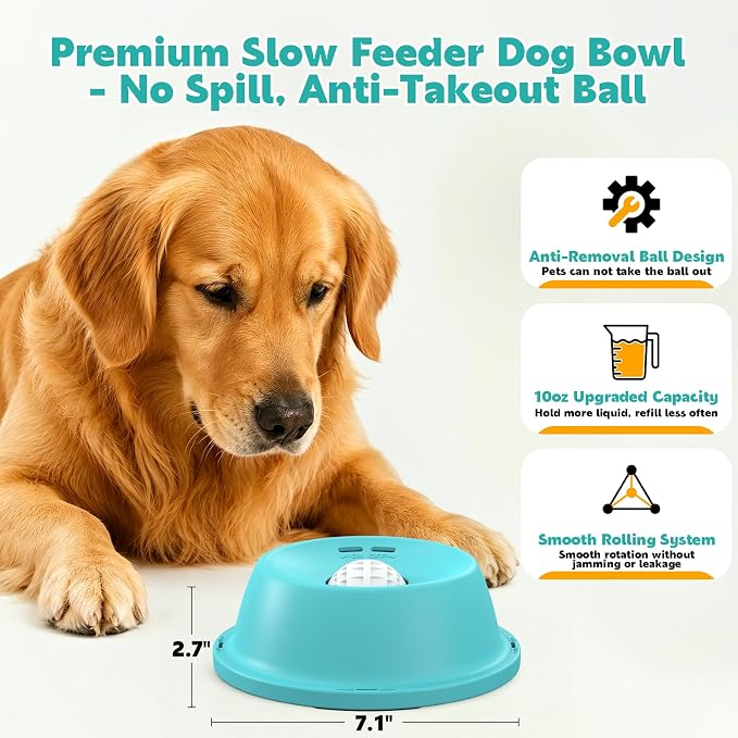 Slow Feeder Dog Licking Bowl, Anti-Removal Ball Liquid Feeding Bowl, No-Spill Leak-Proof & Jam-Free Rolling, Food-Grade Detachable Design, 10oz Capacity for Large Medium Small Dogs and Cats