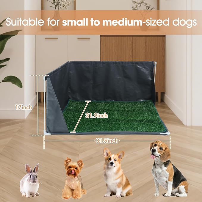 Dog Litter Box with High Walls with Artifial Grass Pad | Waterproof Pee Pad Holder Foldable, Indoor Dog Potty Tray for Puppy & Large Dogs, Splash-Proof No Spill Pee Shield for Pets
