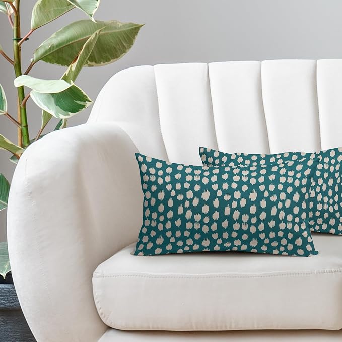 Sweetshow Teal Cream Dots Lumbar Pillow Covers 12x20 Set of 2 Boho Design Polka Dot Print Throw Pillows Modern Outdoor Decorative Pillowcase Rectangle Linen Cushion Cases Decor for Sofa Couch Bed