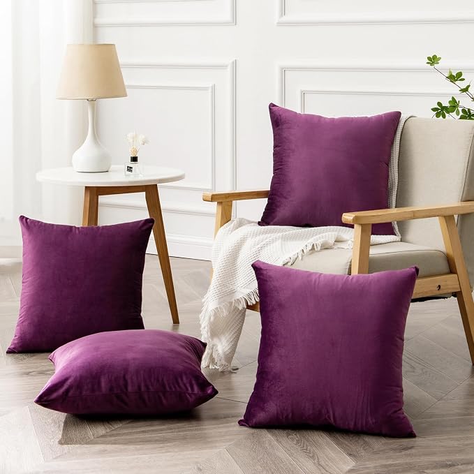 Velvet Decorative Throw Pillow Covers, Soft Square Cushion Case Home Decor for Living Room Couch Bed Sofa, Set of 2 Pack, Eggplant Purple, 18x18 Inch