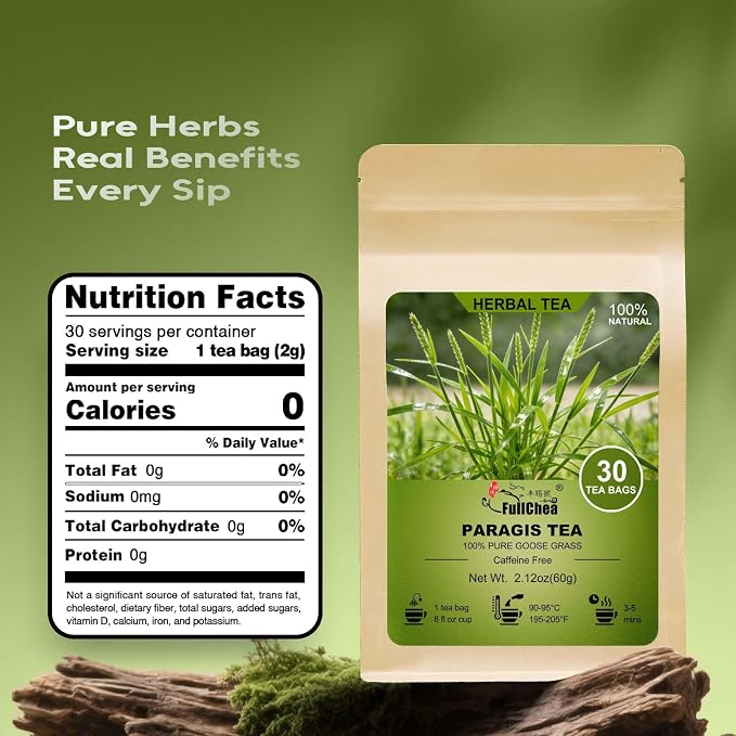 FullChea - Paragis Tea, 30 Teabags, 2g/bag - Whole Paragis Plant - Eleusine Indica Tea - Non-GMO - Caffeine-free - Support Respiratory Health & Boost Immunity