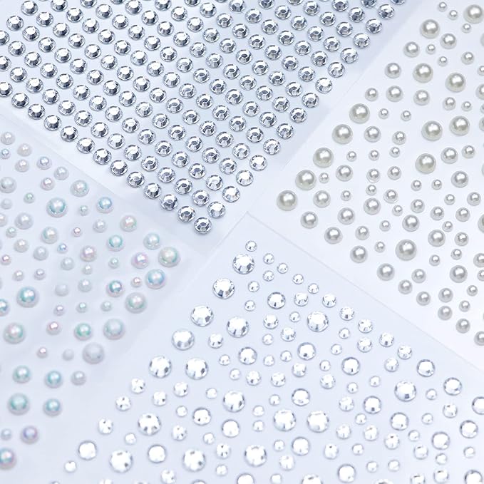 2116 Pcs Self Adhesive Rhinestones and Pearls for Makeup Eyes Face - 6 Sheets Clear Rhinestones, Pearl Stickers, Bling Gems, Jewels for DIY (Sparkling)