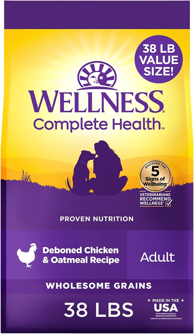 Wellness Complete Health Adult Dry Dog Food, Wholesome Grain Kibble, Natural, Chicken and Oatmeal Recipe, 38 lb Bag