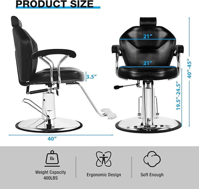 Barber Chair with Heavy Duty Hydraulic Pump, All Purpose 360 Swivel Reclining Salon Styling Chair, Durable Steel Frame Spa Beauty Equipment for Professional Barbershop Hair Stylists & Home Use