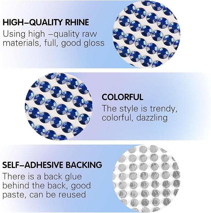 8 Sheets Rhinestone Stickers，3584 Pcs Gem Stickers for DIY Face Eyes Makeup Hair（Deep Blue-3/4/5/6mm）