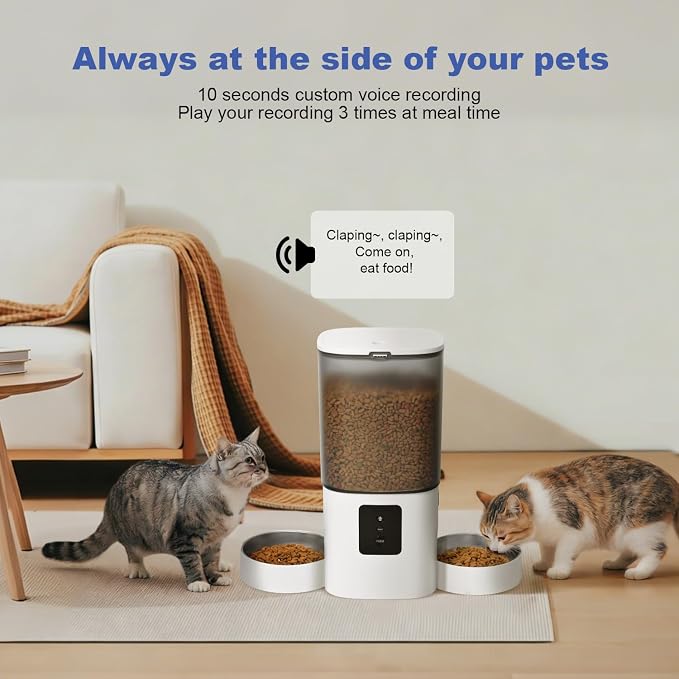 2.4G/5G Automatic Cat Feeder, 6L WiFi Cat Food Dispenser with 10s Voice Recorder, Double Bowl Pet Feeder up to 10 Meals per Day, Timed Feeder with Dry Food Sealed Ring (White)