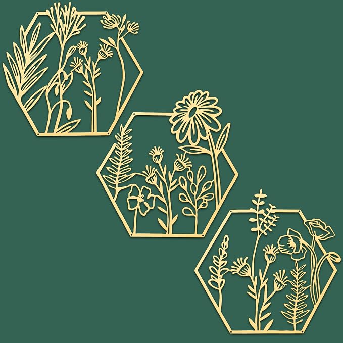 Peryiter 3 Pcs Metal Flower Wall Decor Minimalist Floral Wall Hanging Decor Floral Metal Rustic Flower Art for Summer Living Room Bathroom Kitchen Indoor Outdoor(Gold)
