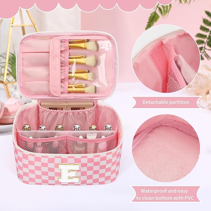 OCHEAL Makeup Bag Valentines Day Gifts for Women, Monogram Cosmetic Bag Pink Travel Makeup Case Beauty Toiletry Bag Organizer Personalized Gifts for Girls Bridesmaid, Sister, Wife, Friends Initial E
