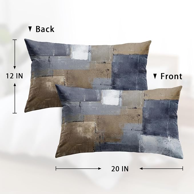 Throw Pillow Covers Set of 2, 12 x 20 Inch, Blue Brown Grey Taupe | Abstract Modern Art Outdoor Decorative Square Pillow Cases Couch Cushion Case for Couch Bed Sofa Living Room Home Decor