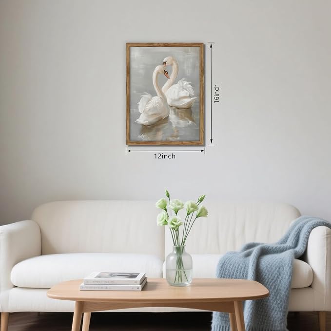 Framed White Swan Canvas Wall Art – Vintage Romantic Swan Oil Painting, Simple Rustic Animal Art Prints, Classical Artwork Wall Decor for Living Room Bedroom Office – 12x16in