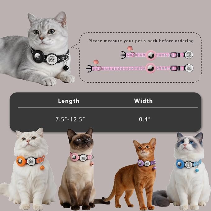 2 Pack Airtag Cat Collar, Breakaway Cat Airtag with Smart ID tag & QR Code Reflective (Reflective Strip & Paw Pattern - Pink, with Integrated AirTag Holder)