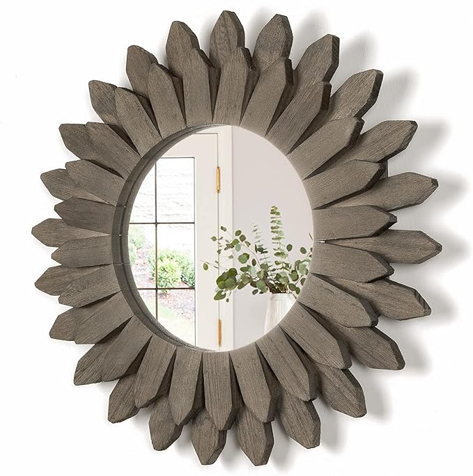 Farmhouse Wall Decor Mirror 12 inch Sunburst Boho Wood Mirror Rustic Home Decor Room Decoration for Bedroom Living Room Weathered Grey