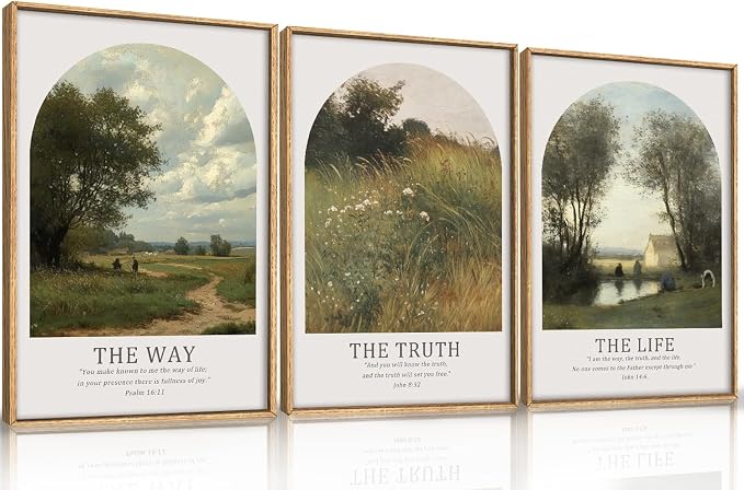 FWIEXA Christian Bible Verse Canvas Wall Art Set 3, Easter Vintage Scripture Framed Painting, Religious Landscape Decor, The Way The Truth The Life Artwork, 16x24In Prints for Living Room,Bedroom,Prayer Room