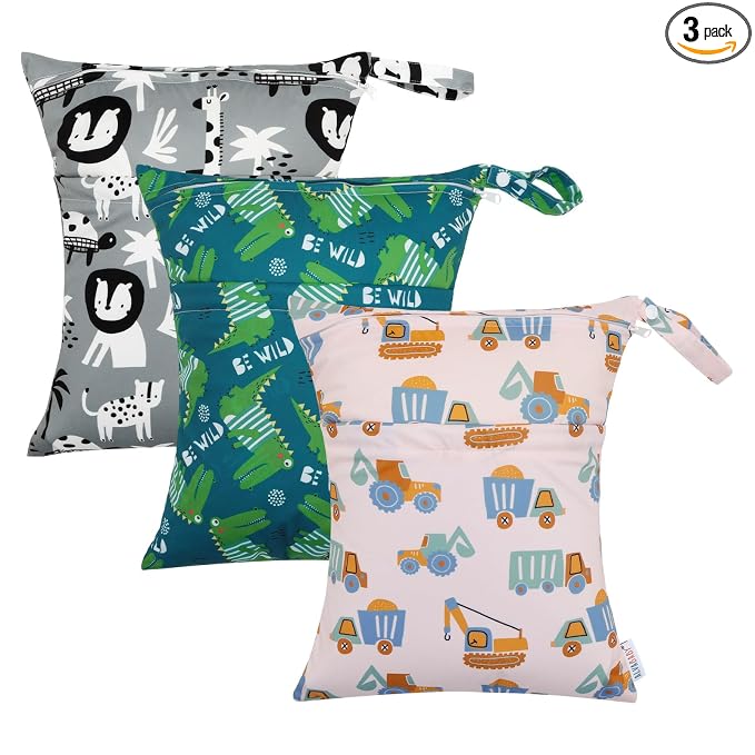 ALVA ALVABABY 3pcs Cloth Diaper Wet Dry Bags Waterproof Reusable with Two Zippered Pockets Travel Beach Pool Daycare Soiled Baby Items Yoga Gym Bag for Swimsuits or Wet Clothes 3L-ZM16A