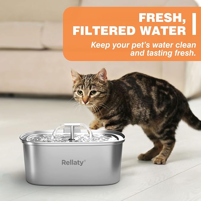 Rellaty Cat Water Fountain Stainless Steel | 8 Filters Replacement & 8 Pre-Filter Sponges