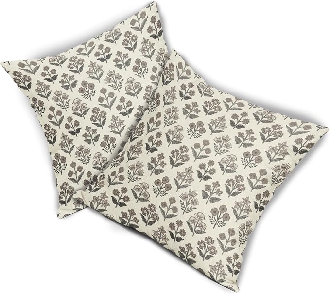 Black Dark Brown Floral Pillow Covers 16x16 Inch Set of 2, Vintage Flower Block Print Pattern Decorative Throw Pillowcases Outdoor Rustic Farmhouse Cushion Covers Antique Neutral Sofa Couch Bed Decor