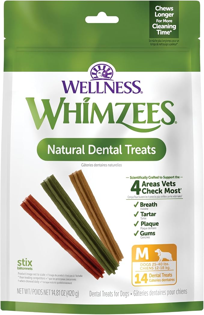 Whimzees Wellness Stix Natural Dog Dental Treat, Chews, Freshens Breath, Medium Size Sticks, 14.81 oz Bag, 14 Count