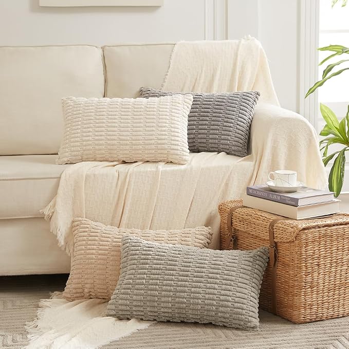 Fancy Homi Cream Lumbar Decorative Throw Pillow Covers 14x24 Inch for Living Room Couch Bed Sofa, Rustic Farmhouse Boho Home Decor, Soft Striped Corduroy Rectangle Cushion Case 35x60 cm
