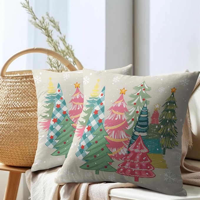 Kawani Christmas Throw Pillow Covers 22x22 Inch Pink Yellow Green Xmas Trees Square Cotton Linen Pillowcases with Hidden Zipper for Couch Sofa Bed Bench Porch Farmhouse Home Decor