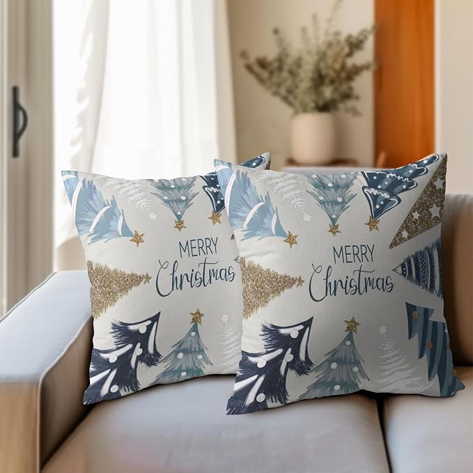 Kawani Merry Christmas Throw Pillow Covers 16 x 16 Inches, Set of 2 Blue White Xmas Trees Vintage Farmhouse Cotton Linen Square Pillowcases for Sofa Couch Bed Cushion Decoration