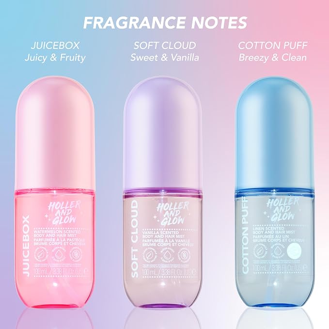 Holler And Glow Mood Boosting Cotton Puff Body & Hair Mist, Body Spray, Teen Girls Spritz, Long Lasting, Linen, Fresh Scented, Water Based Fragrance For Tweens, Clean & Gentle Formula, 3.38 Fl Oz