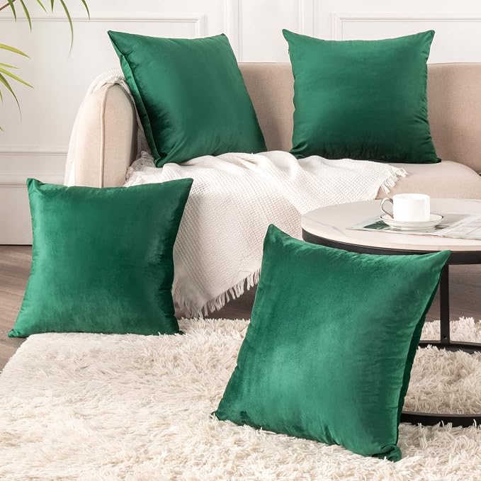 Velvet Decorative Throw Pillow Covers, Soft Square Cushion Case Home Decor for Living Room Couch Bed Sofa, Set of 2 Pack, Christmas Green, 18x18 Inch