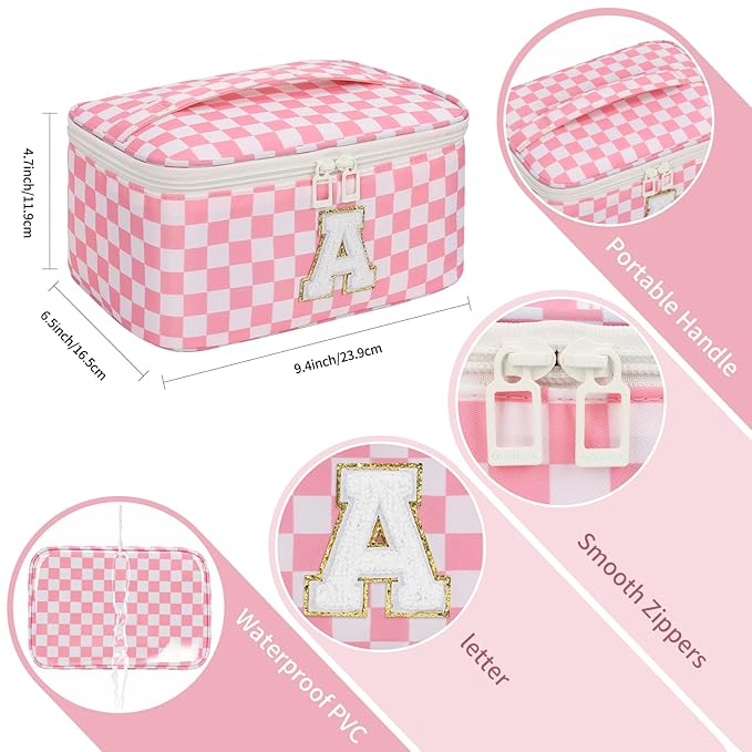 OCHEAL Makeup Bag Valentines Day Gifts for Women, Monogram Cosmetic Bag Pink Travel Makeup Case Beauty Toiletry Bag Organizer Personalized Gifts for Girl Teens Bridesmaid Sister Wife Friends Initial A