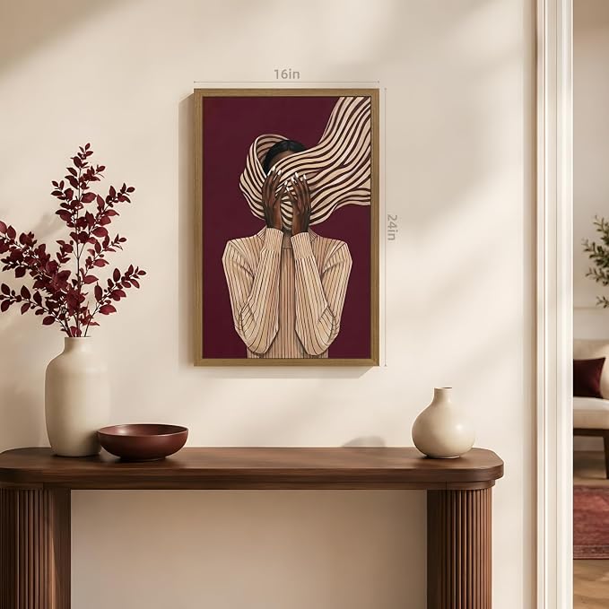 VziizV African American Woman Wall Art, Abstract Modern Portrait Canvas Print, Minimalist Striped Fashion Artwork, Contemporary Black Woman Decor for Living Room Bedroom Wood Framed 16x24 Inch