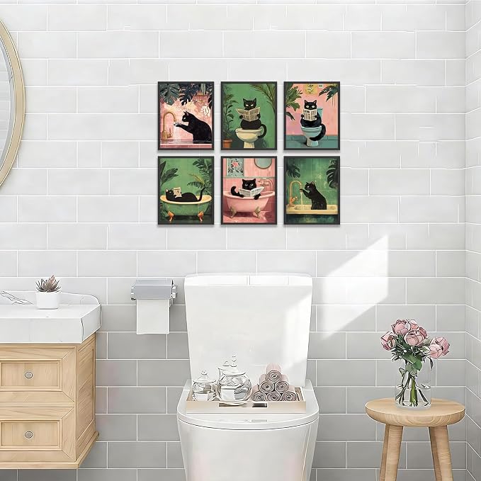 KBKBART 6pcs Funny Cat Bathroom Wall Art Prints Poster Unframed, 8x10 inch | Canvas Wall Decor, Black Cat Pictures Bathroom Toilet Art, Vintage Painting Artwork, for living room bedroom