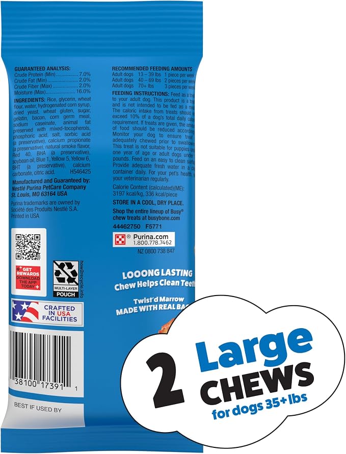 Purina Busy with Beggin Twisted Large Dog Treats, 2 ct. Pouch, Pack of 6 | Bacony dog treat wrapped around long-lasting Busy chew, rawhide free with real meat, for large dogs 35+ lbs