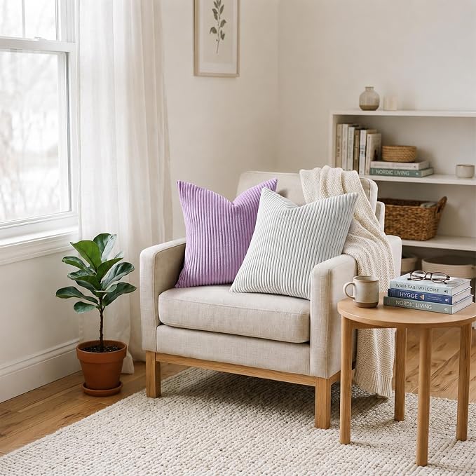 Mecatny Corduroy Decorative Throw Pillow Covers 20x20 Set of 2 Lilac | Soft Striped Texture, Hidden Zipper Design, Neutral Boho Square Pillow Cases for Sofa Couch Living Room Bedroom, Home Décor