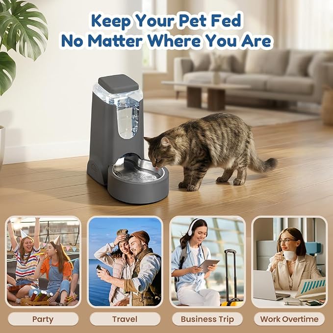 1 Gallon Automatic Cat Feeder Gravity Stainless Steel Water Dispenser Dog Feeder for Small Medium Puppy Kitten Pets Water Feeding Bowls,Charcoal Gray